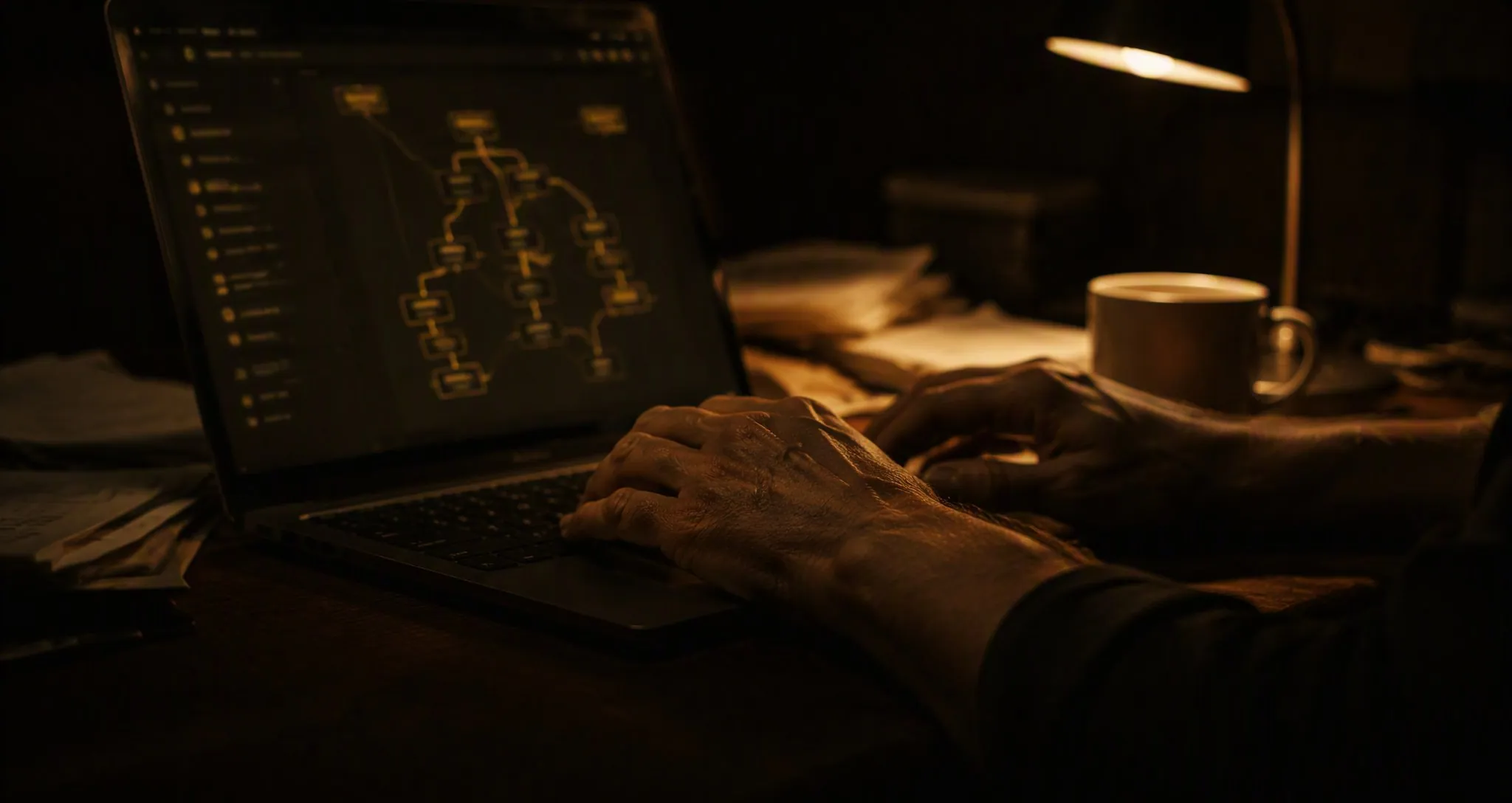 Close nas mãos do mesmo homem digitando no laptop que exibe em âmbar o diagrama da arquitetura de pipelines de dados, sobre a mesma mesa de madeira