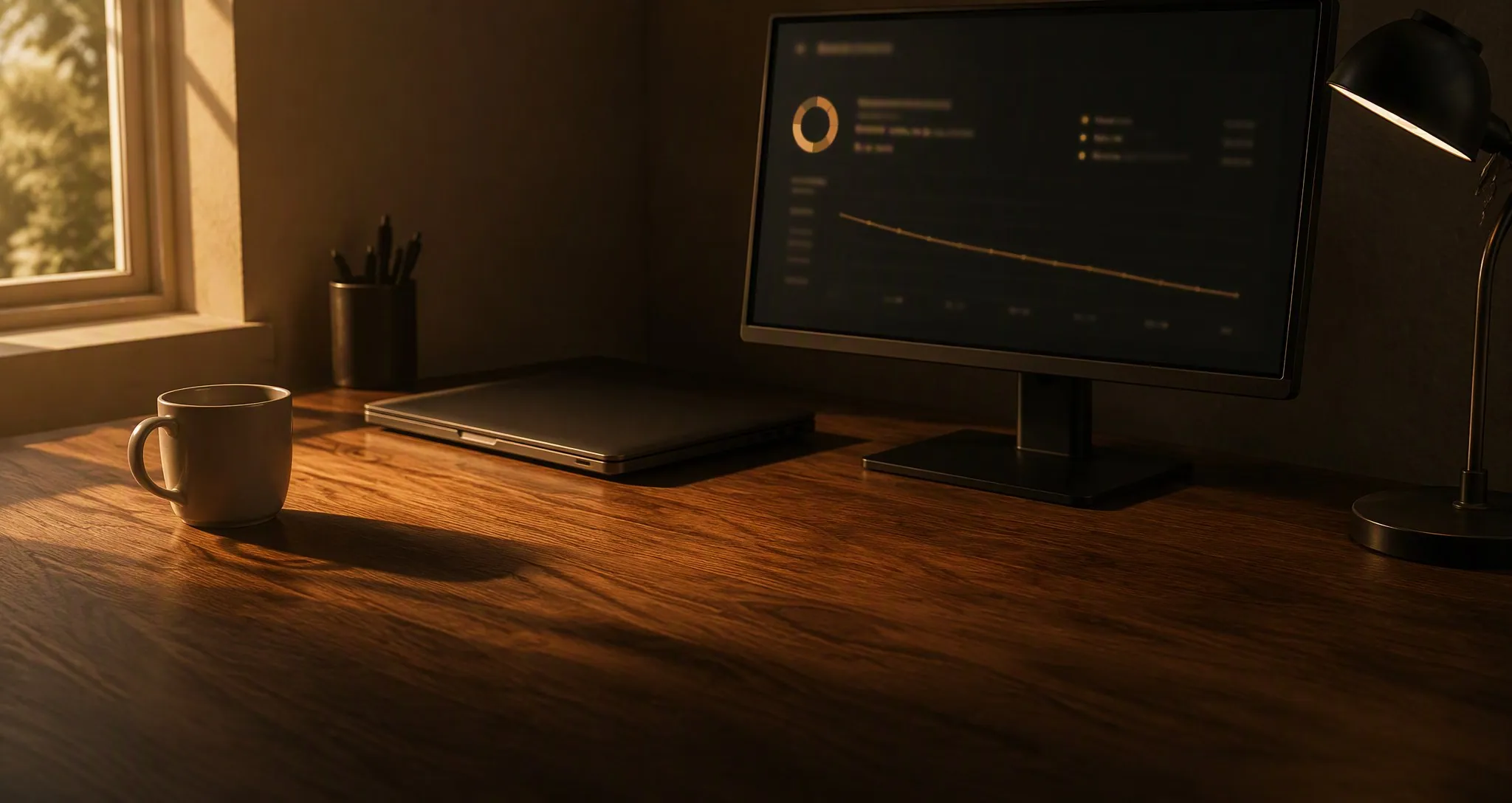 A mesma mesa ao amanhecer, agora ordenada: monitor com um dashboard escuro e a linha de custo em queda, laptop fechado alinhado, xícara vazia
